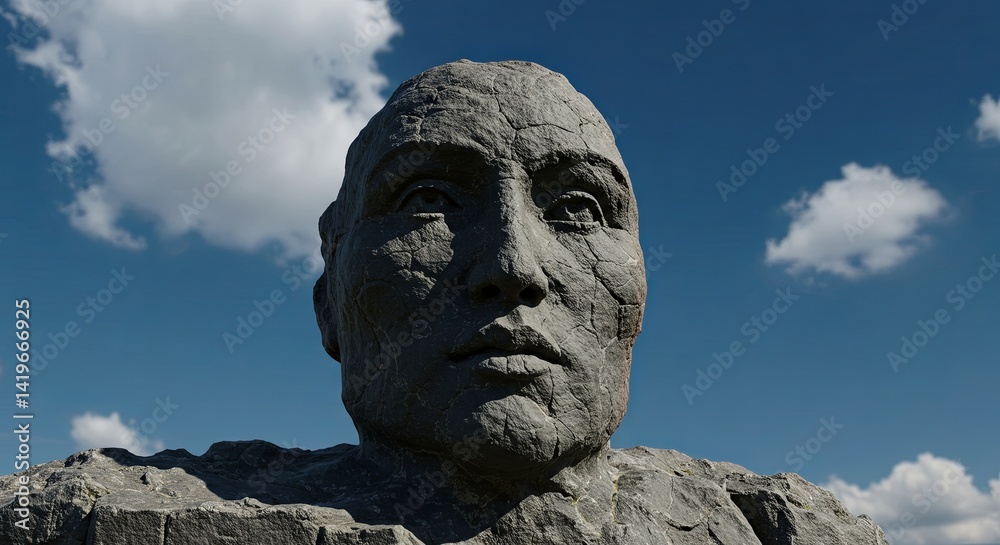 Obraz premium A large head made of stone is in the middle of a blue sky