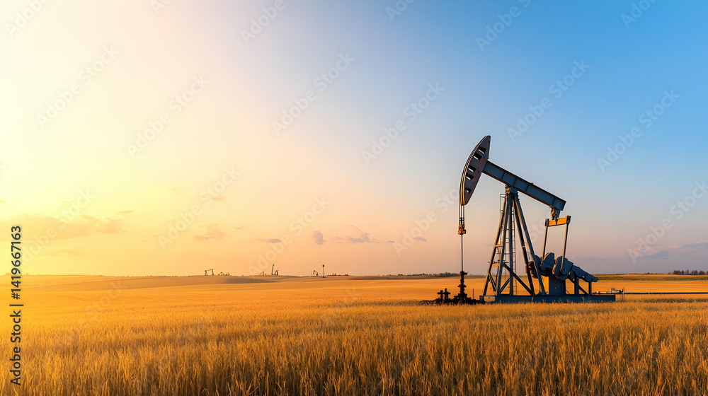 Naklejka premium Oil Pumpjack In Golden Wheat Field At Sunset