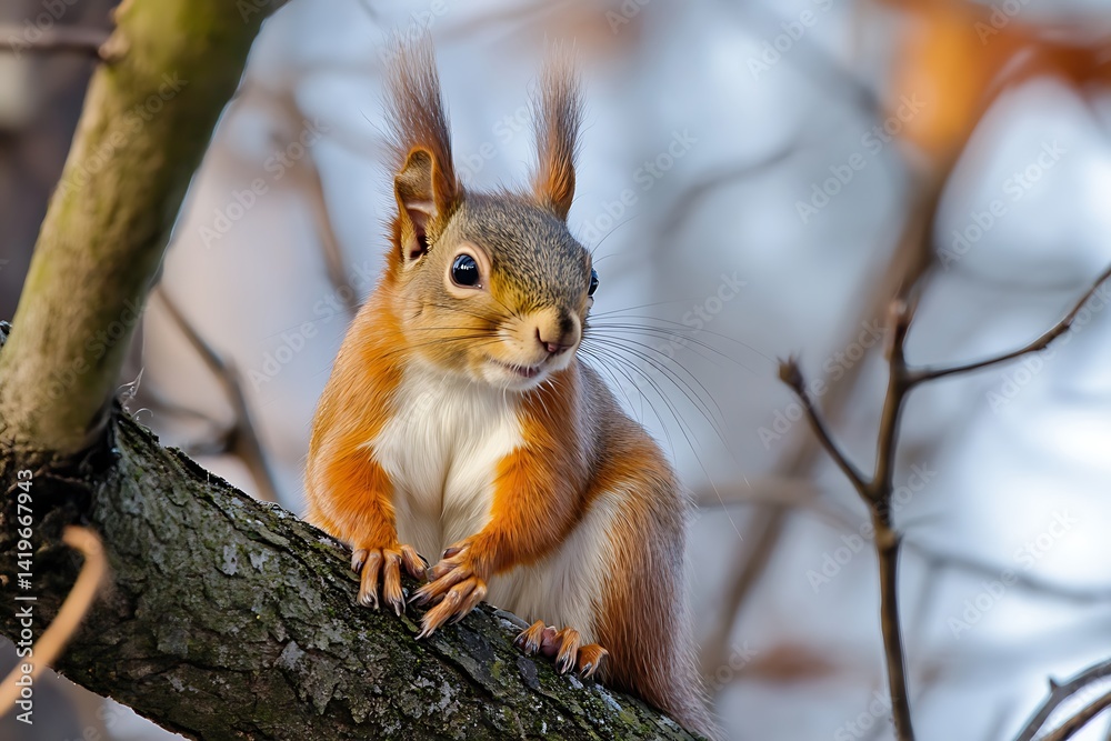 Fototapeta premium Red Squirrel Perched On A Tree Branch In Natural Environment With Focus