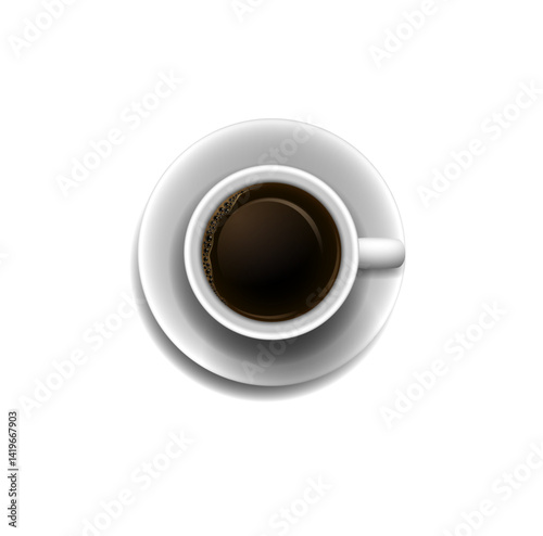 Coffee cup and saucer, top view, realistic vector