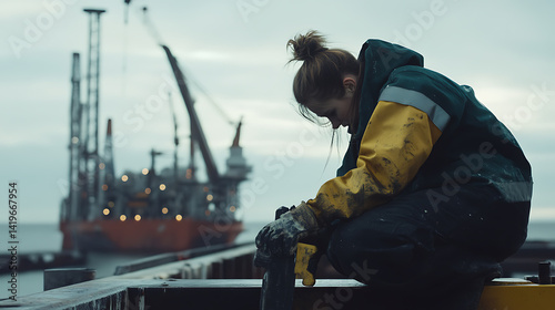 A female offshore worker performing routine maintenance on equipment. Featuring mechanical skills and focus