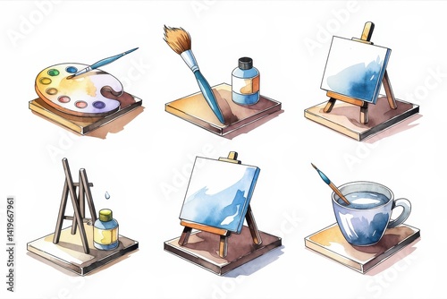 Watercolor illustration of various art supplies.