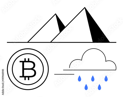 Bitcoin symbol beside pyramids and raining cloud. Ideal for finance, technology, blockchain, decentralization, wealth, sustainability, digital innovation. Flat simple metaphor