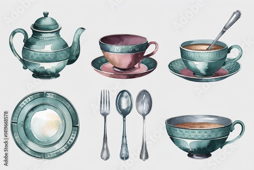 Watercolor illustration of antique tea service.