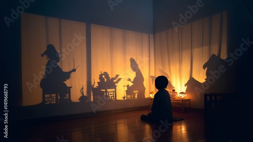 Child captivated by shadow puppetry performance.