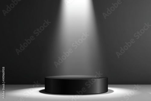 A spotlight shines on a circular, black platform against a dark background, creating a dramatic and focused atmosphere.