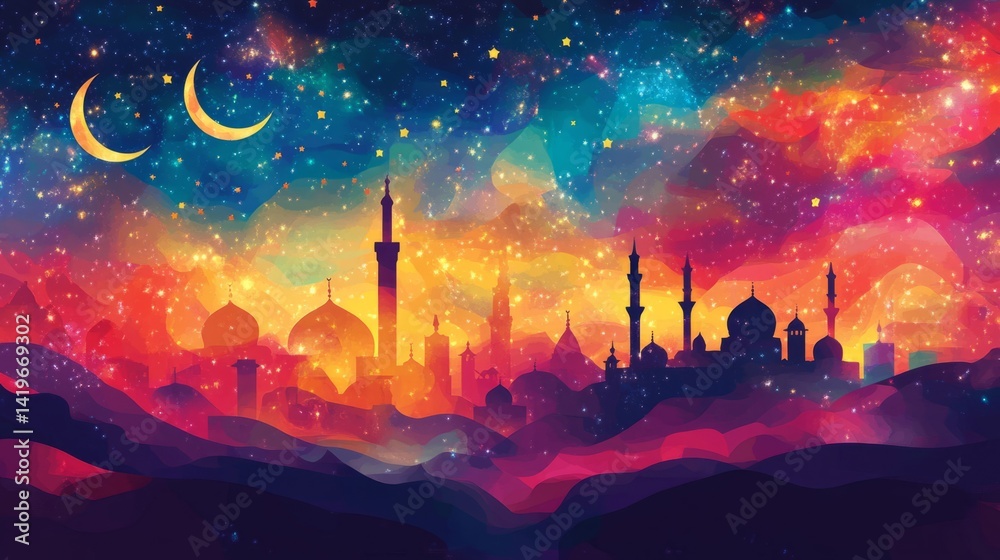 Fototapeta premium Vibrant Night Cityscape with Crescent Moon and Stars