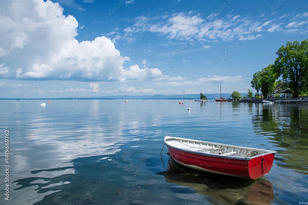 Fototapeta Red Wooden Boat Floating On Calm Lake Water Under Bright Blue Sky with White Clouds