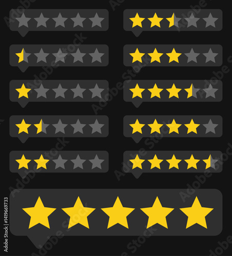 Star rate icons set. Feedback customers. Rank, level of satisfaction rating. Five stars customer product rating review. Five stars quality rating icon. 5 star	