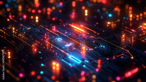 Abstract Digital Fingerprint Circuitry  Neon Glowing Lines and Nodes