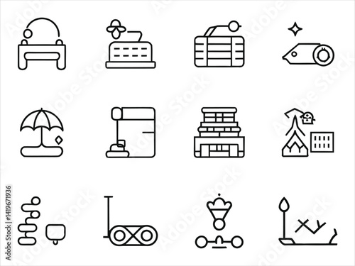 Collection of Simple Line Art Icons Representing Various Activities and Places/These vectors showcase a set of twelve simple line art icons, each representing a different activity or location.