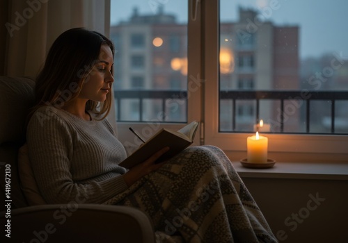 A peaceful scene capturing a person journaling and meditating by a softly lit window. The warm glow of a candle enhances the calm atmosphere, evoking a sense of mindfulness, reflection
