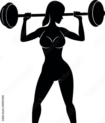 Black Silhouette Athletic Woman Lifting Barbell in Fitness Pose on White Background