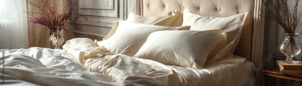 Cozy and inviting bed with soft pillows. Cozy and inviting bed with soft pillows.