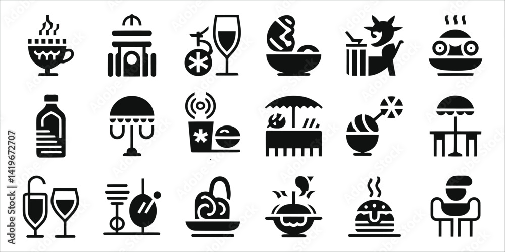 Diverse Collection of Food and Beverage Icons for Outdoor and Indoor Settings.. Diverse Collection of Food and Beverage Icons for Outdoor and Indoor Settings..