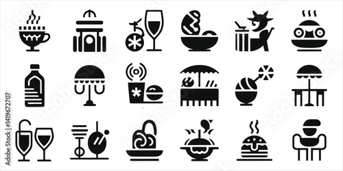 Diverse Collection of Food and Beverage Icons for Outdoor and Indoor Settings..