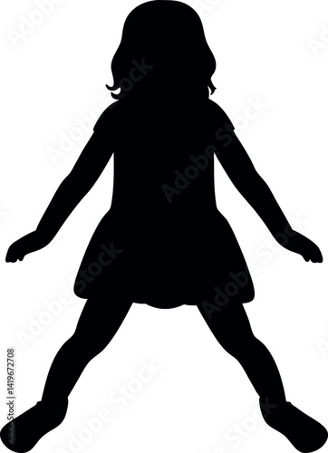 Child Silhouette, Standing with Arms Outstretched and Legs Apart, Girl in Dress Pose