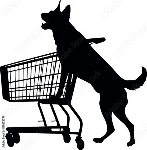 Dog Silhouette Leaning On Shopping Cart, Grocery Store, Isolated Animal, Black