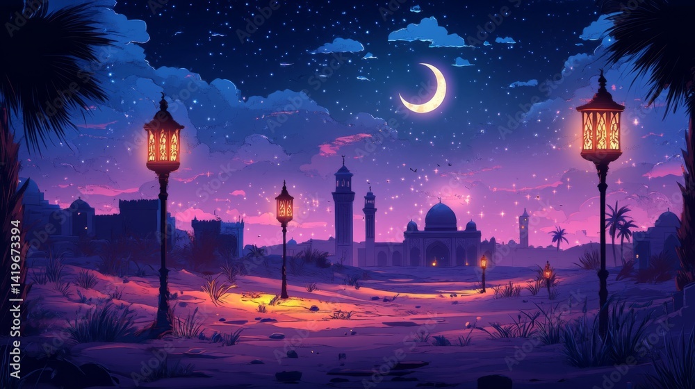 Pixel Art Desert Night Scene with Mosque and Crescent Moon Pixel Art Desert Night Scene with Mosque and Crescent Moon