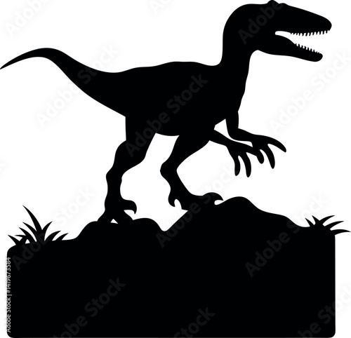 Raptor Silhouette Standing on Hill with Grass, Square Text Placeholder Below, Isolated