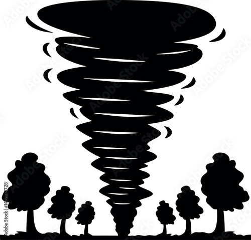 Silhouette Black Tornado Over Trees, Nature Disaster, Extreme Weather Phenomenon