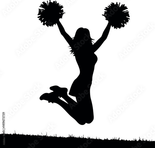 Silhouette Cheerleader Jumping with Pompoms Raised. Female Athlete on the grass