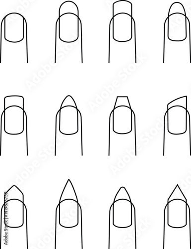 Shape nail icon set. Finger vector collection isolated on transparent background. Fashion nails type trends. Beauty spa salon woman fingernails manicure. False nail polish design mockup templates