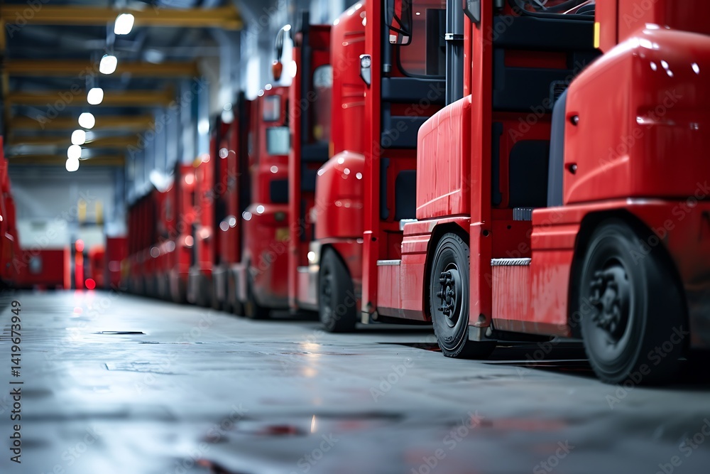 Fototapeta premium Row Of Red Industrial Trucks In A Warehouse Setting With Metallic Details