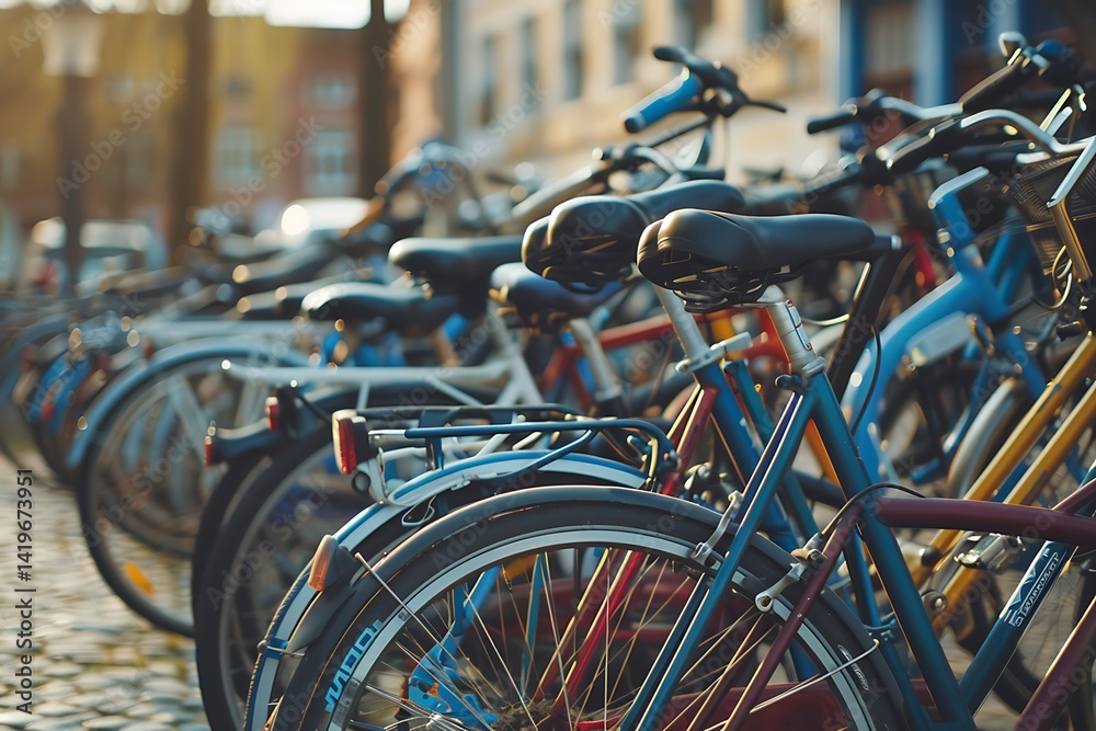 Obraz premium Row Of Parked Bicycles In Sunlight With Colorful Frames And Wheels