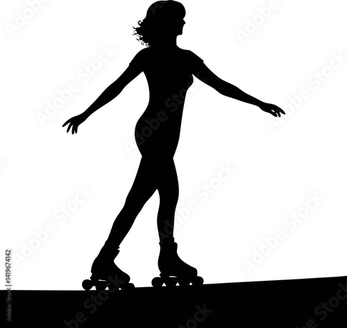 Silhouette of a Young Woman Roller Skating with Arms Outstretched in a Plain Backdrop