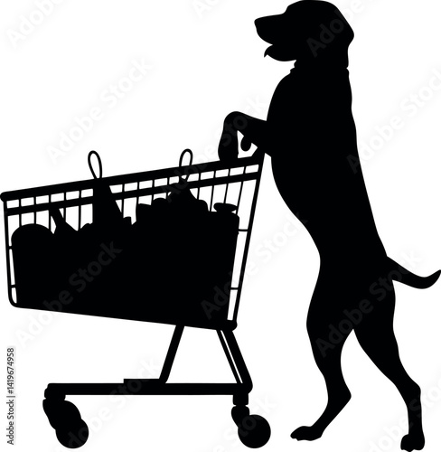 Silhouette Of Dog Standing With Paws On Shopping Cart Full Of Groceries Art