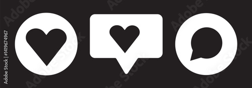 love heart icon buttons. Icons like comment, share, save, like media button.  Like icon button , thumb up icon , love and heart icon , comment icon  