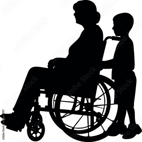 Silhouette of Elderly Woman in Wheelchair with Child Assisting, Black and White