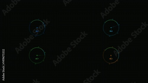 Animated circular progress indicators with percentage counters in blue, green, and orange. Perfect for loading screens, data visualization, dashboards, and modern UI design overlays.