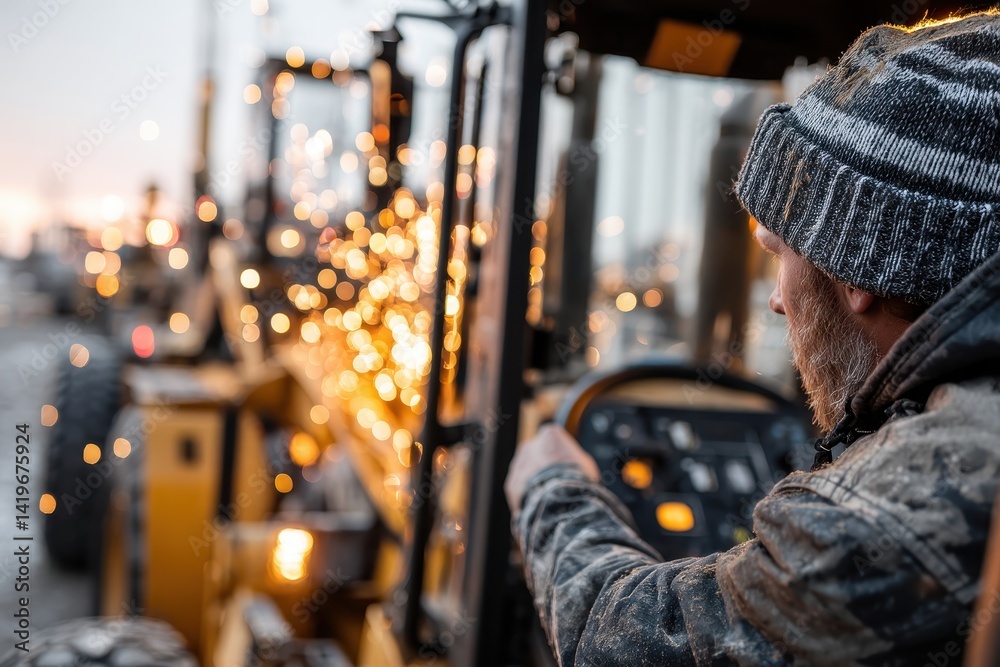 Heavy Machinery Operator Adjusting Controls at Dusk Heavy Machinery Operator Adjusting Controls at Dusk