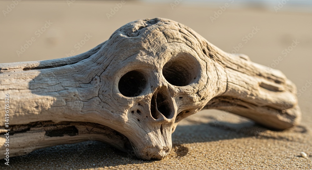 Naklejka premium A skull is carved into a piece of driftwood on a sandy beach