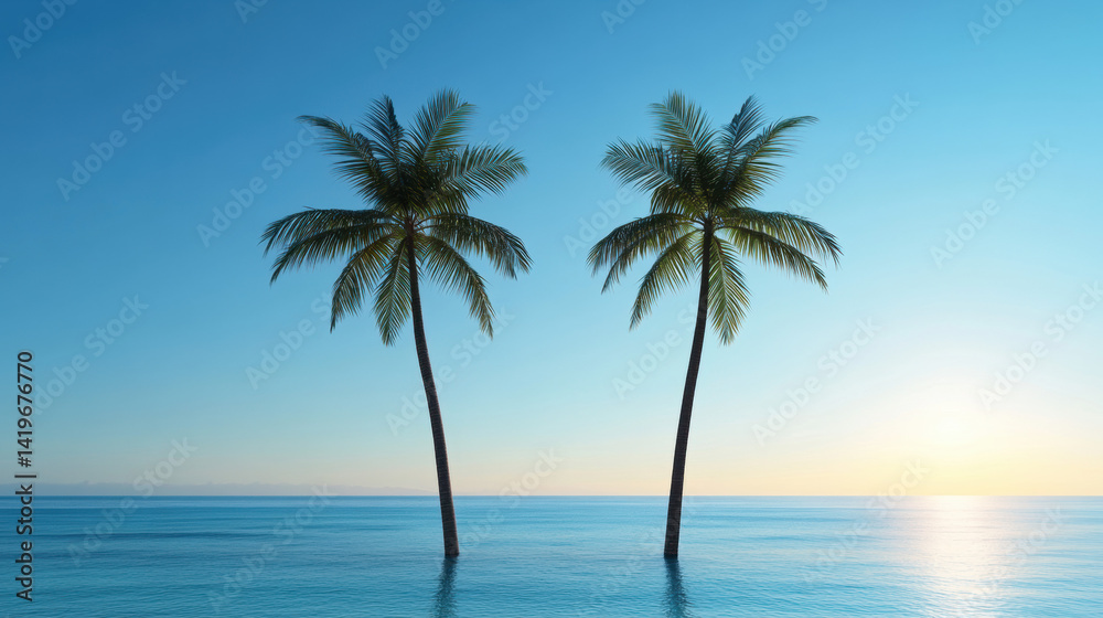 Two palm trees silhouetted against a vibrant sunset over calm ocean waters. Two palm trees silhouetted against a vibrant sunset over calm ocean waters.