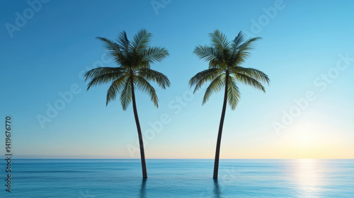 Two palm trees silhouetted against a vibrant sunset over calm ocean waters.
