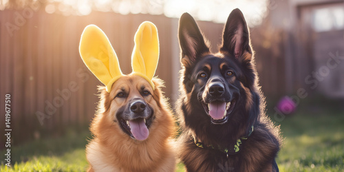 Abstract animal portrait, Easter creative concept of dog with bunny ears on backyard background. Pet with spring holiday outfit. Generative AI.