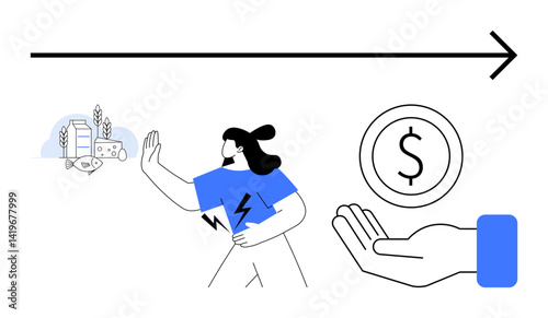 Woman dodging processed food and healthy choices near wheat and dairy dollar coin in hand symbolizing saving or earning money. Ideal for self-discipline, budgeting, wellness, decision-making
