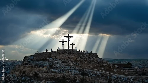 Dramatic sunset over a rocky hill with crosses, illuminating the sky and cityscape in the background