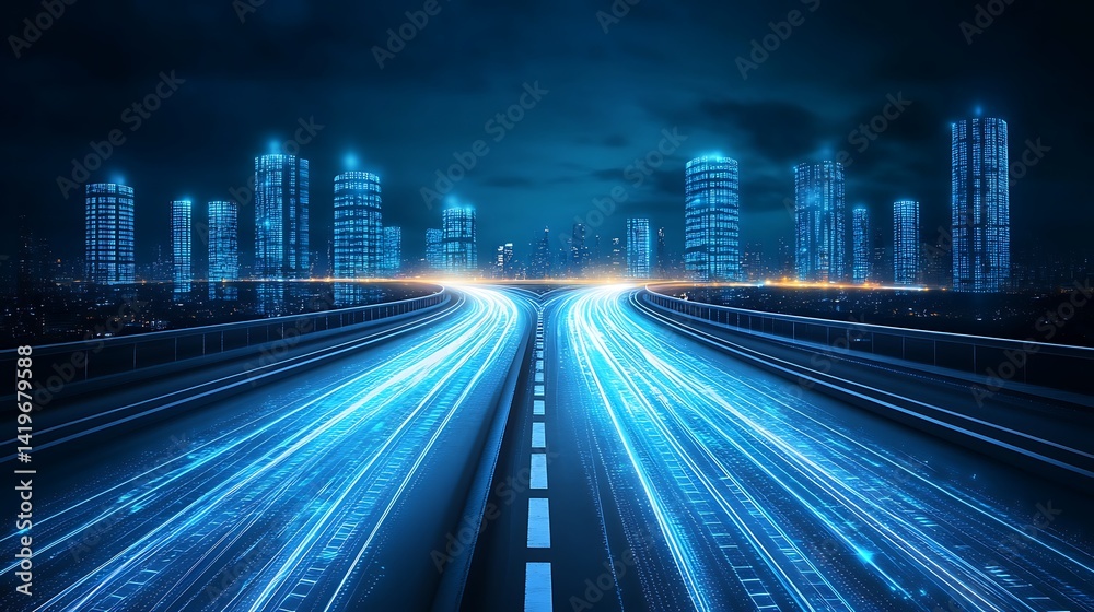 Fototapeta premium Futuristic city skyline at night with glowing roads, showcasing modern architecture and vibrant lights