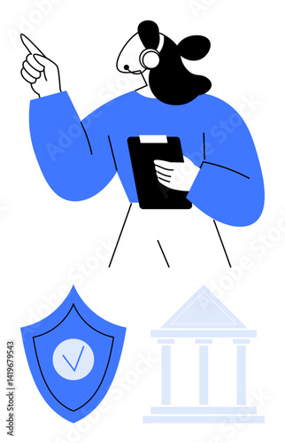 Support agent wearing a headset, holding a clipboard, pointing upward. Below, shield with a checkmark and building illustration. Ideal for customer service, security, trust, guidance communication