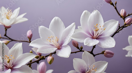 Elegant floral arrangement with white and pink lilies on a soft purple background. Serene, botanical design with copy space.