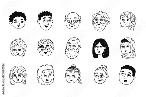 A set of fifteen simple black and white doodle illustrations of diverse people's faces with various hairstyles and expressions.