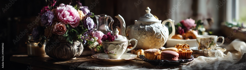 Fototapeta premium Elegant tea set with flowers and pastries.
