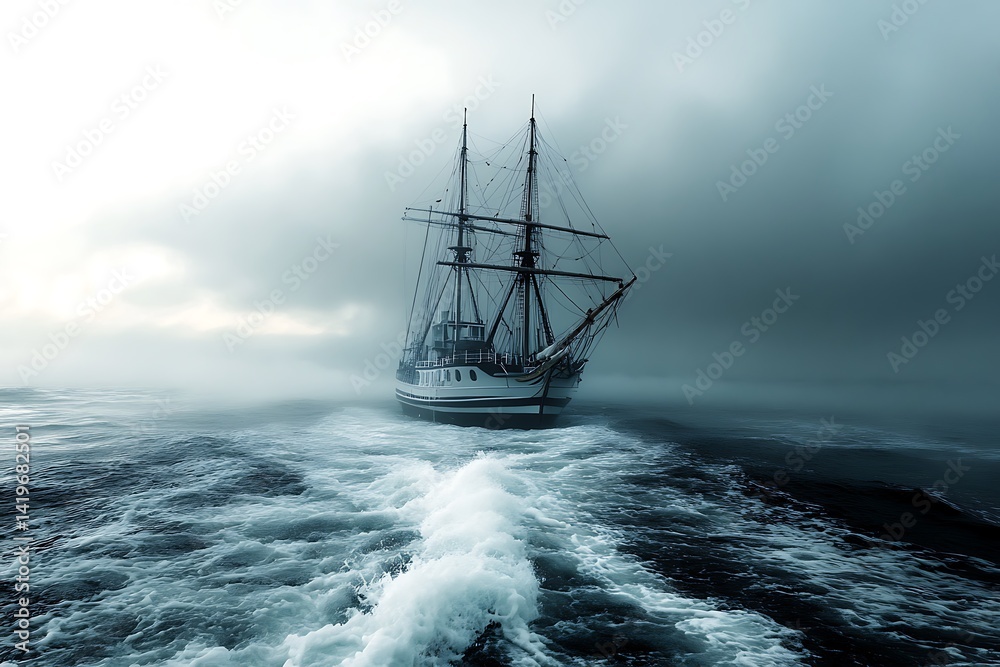 Obraz premium Sailing Ship Navigating Turbulent Waters Under A Stormy Sky in Monochrome Tones