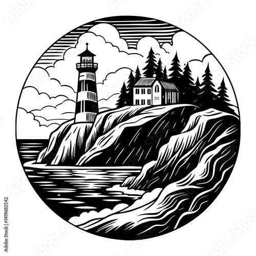Download Coastal Cliffside With A Lighthouse Eps File For Design.