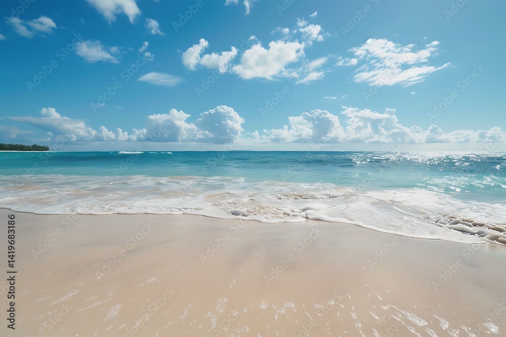 Scenic Beachfront View With Sparkling Ocean Waves Under A Bright Blue Sky