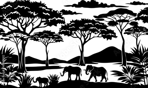 Download African Landscape Scene. Vector Horizontal Seamless Tropical Background With Elephants, Giraffes And Lion. Eps File For Design.